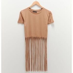 Quzu Boho Hippie Crop Fringe Hem‎ Shirt Tan Women Size M